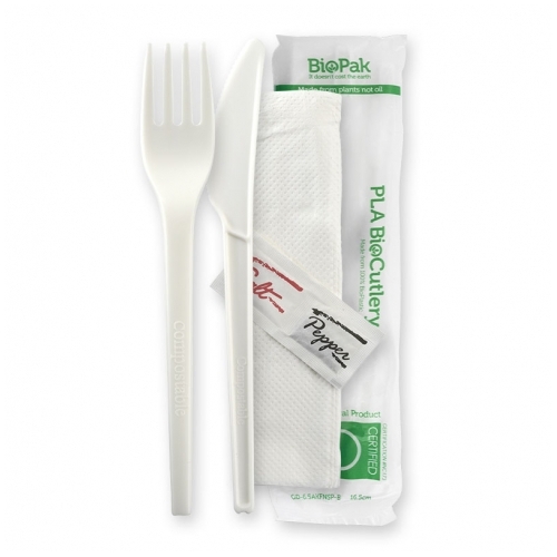 PLA BioCutlery - Knife, Fork and Napkin + Salt & Pepper